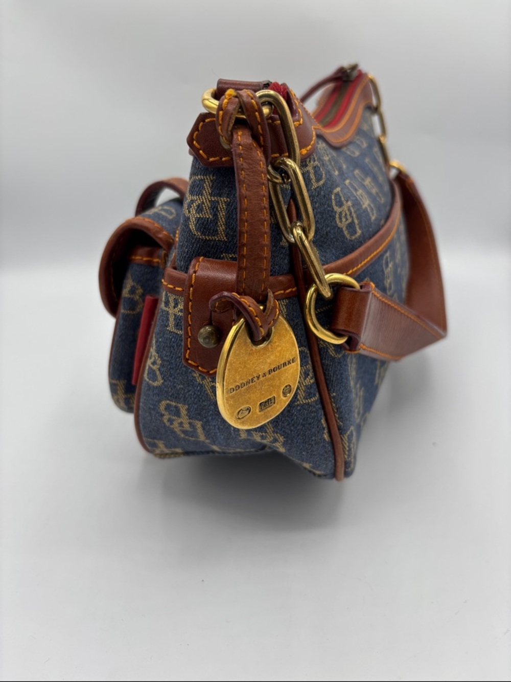 Vintage Dooney & Bourke Blue Logo Denim Banana Bag Brown Leather Trim - Picture 9 of 16